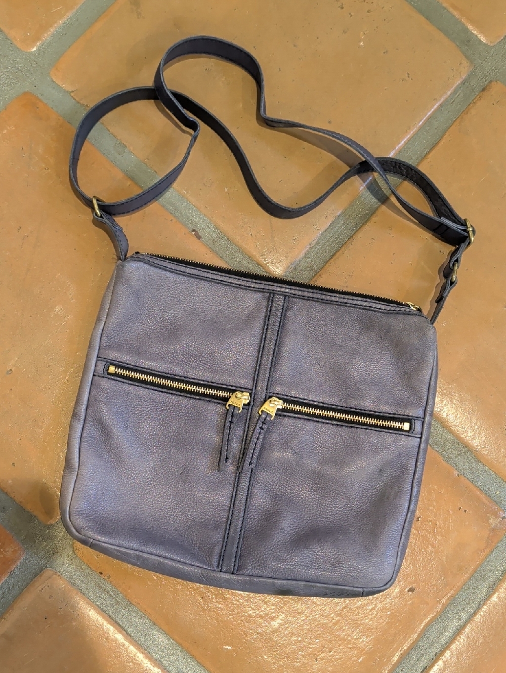 Fossil Navy Leather Crossbody with Gold Hardware
